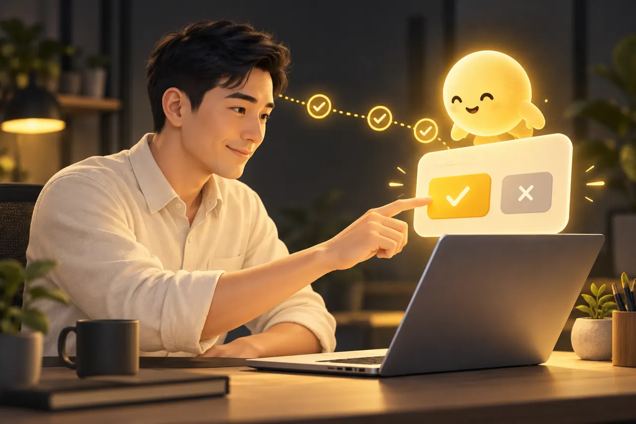 Ảnh minh hoạ: nhân viên văn phòng bấm nút duyệt màu vàng trên laptop, trợ lý AI đã đi qua chuỗi bước có dấu tích và đang chờ xác nhận