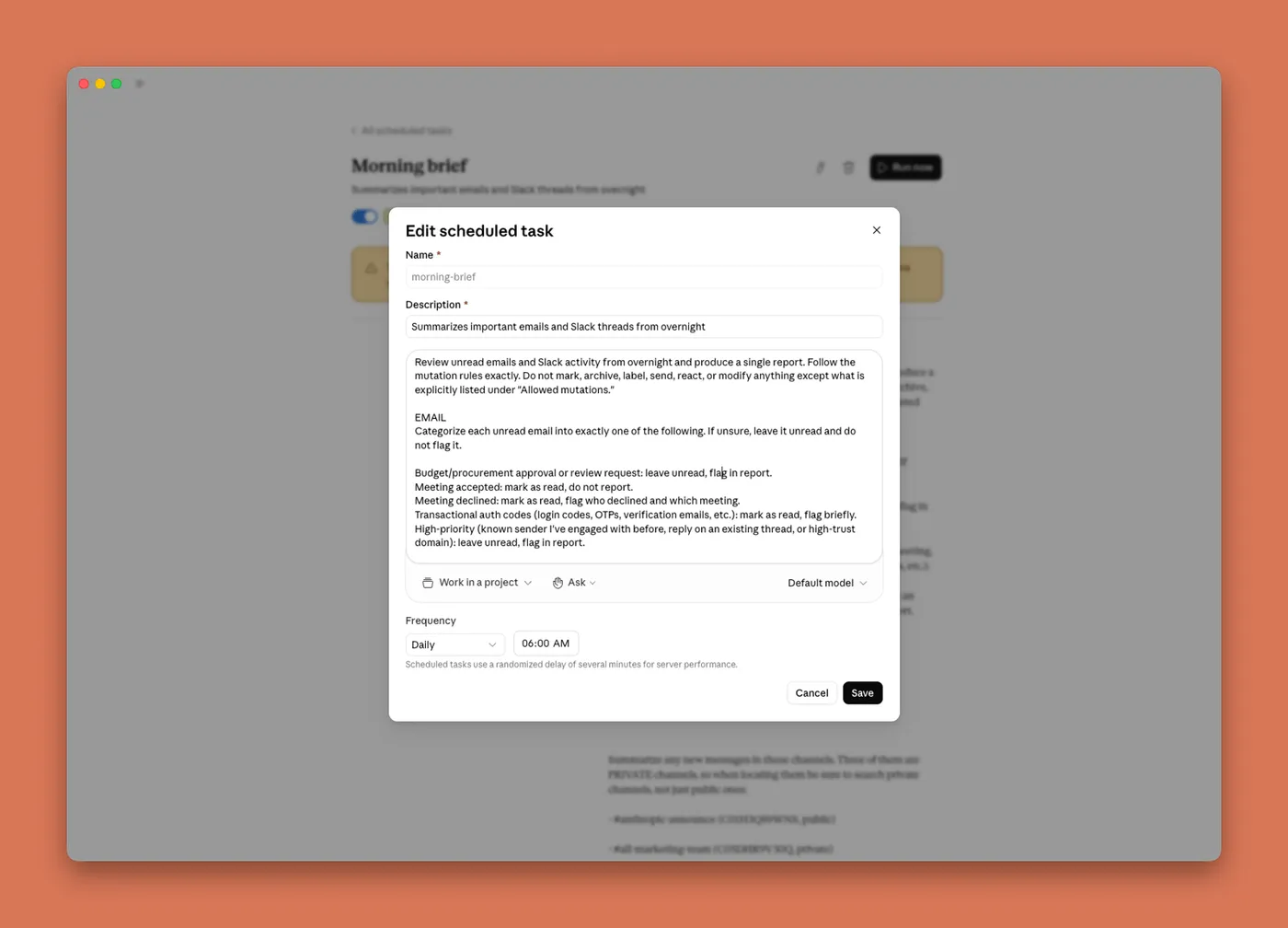 Form Edit scheduled task của Claude cho task morning-brief: tên, mô tả tóm tắt email và tin nhắn qua đêm, ô hướng dẫn dài liệt kê quy tắc xử lý email, chế độ quyền Ask, Default model, tần suất Daily lúc 06:00 AM, nút Cancel và Save