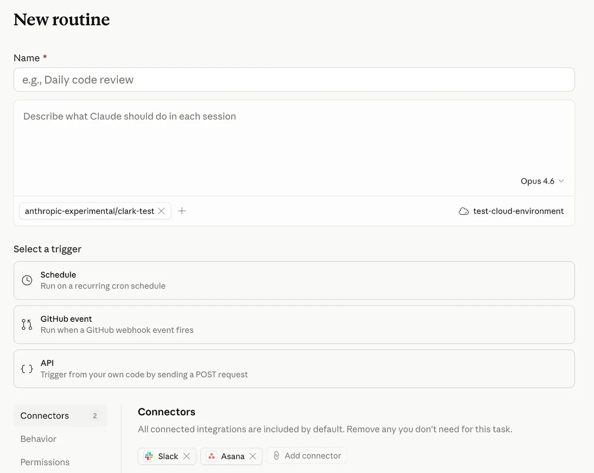 Form tạo task chạy trên cloud của Claude Code: ô tên, ô mô tả việc Claude cần làm, chọn model, chọn trigger Schedule, GitHub event hoặc API, và danh sách connector được đưa vào mặc định