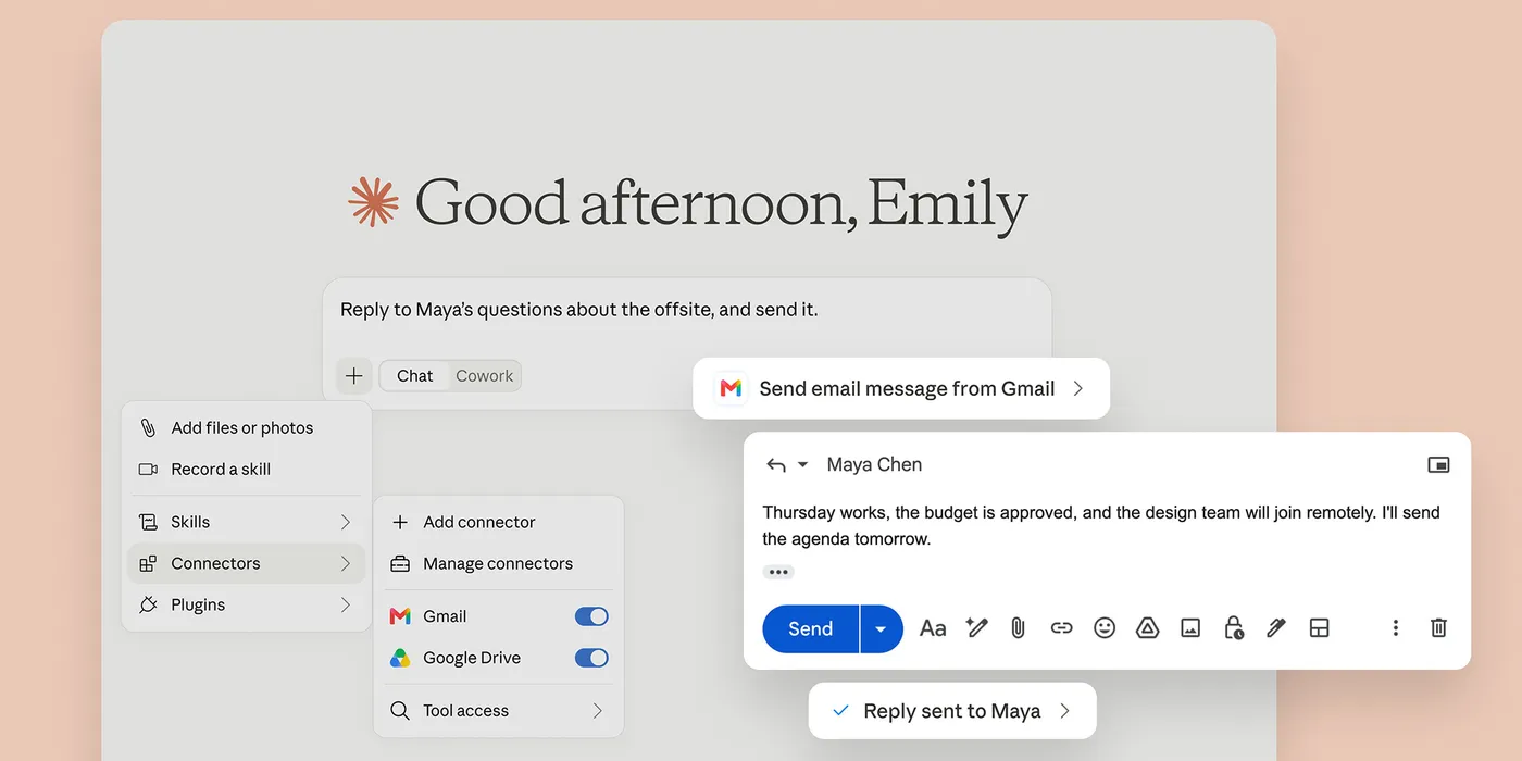 Claude nhận lệnh trả lời thư và gửi đi, menu Connectors bật Gmail và Google Drive, ô công cụ Send email message from Gmail, thư trả lời soạn sẵn có nút Send và dòng xác nhận Reply sent to Maya