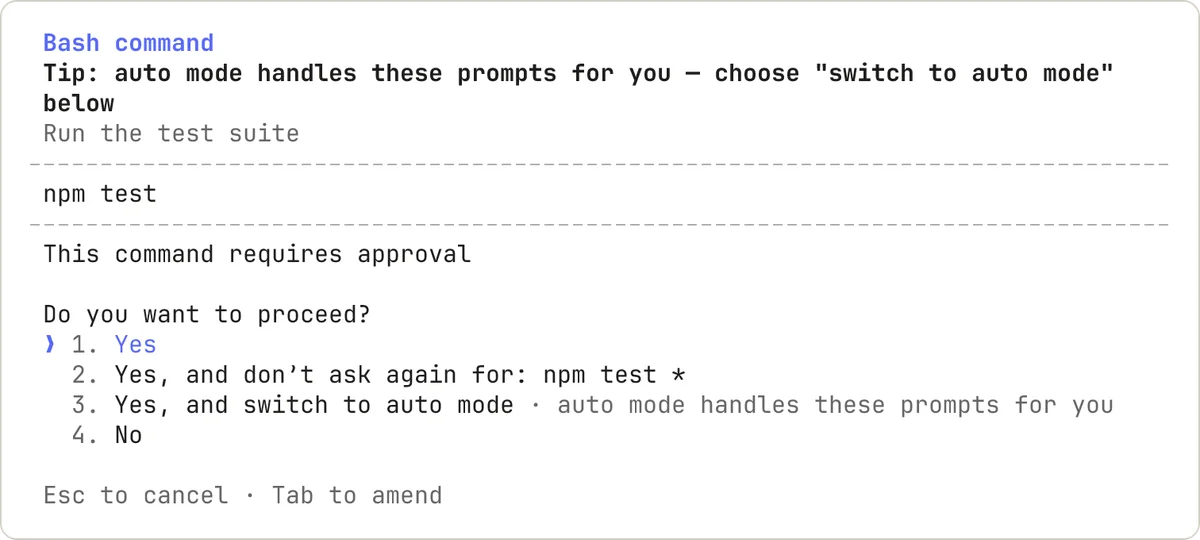 Hộp hỏi quyền của Claude Code trước khi chạy lệnh npm test: dòng This command requires approval, câu hỏi Do you want to proceed và 4 lựa chọn Yes, Yes and don't ask again, Yes and switch to auto mode, No