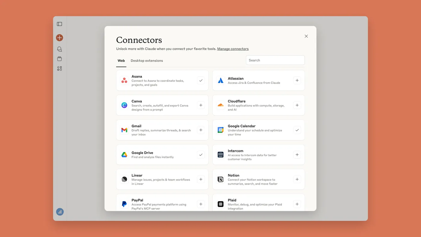 Hộp thoại Connectors của Claude liệt kê các dịch vụ kết nối được như Asana, Canva, Gmail, Google Calendar, Google Drive, Notion; Google Calendar và Google Drive đã có dấu tích kết nối, Gmail còn dấu cộng