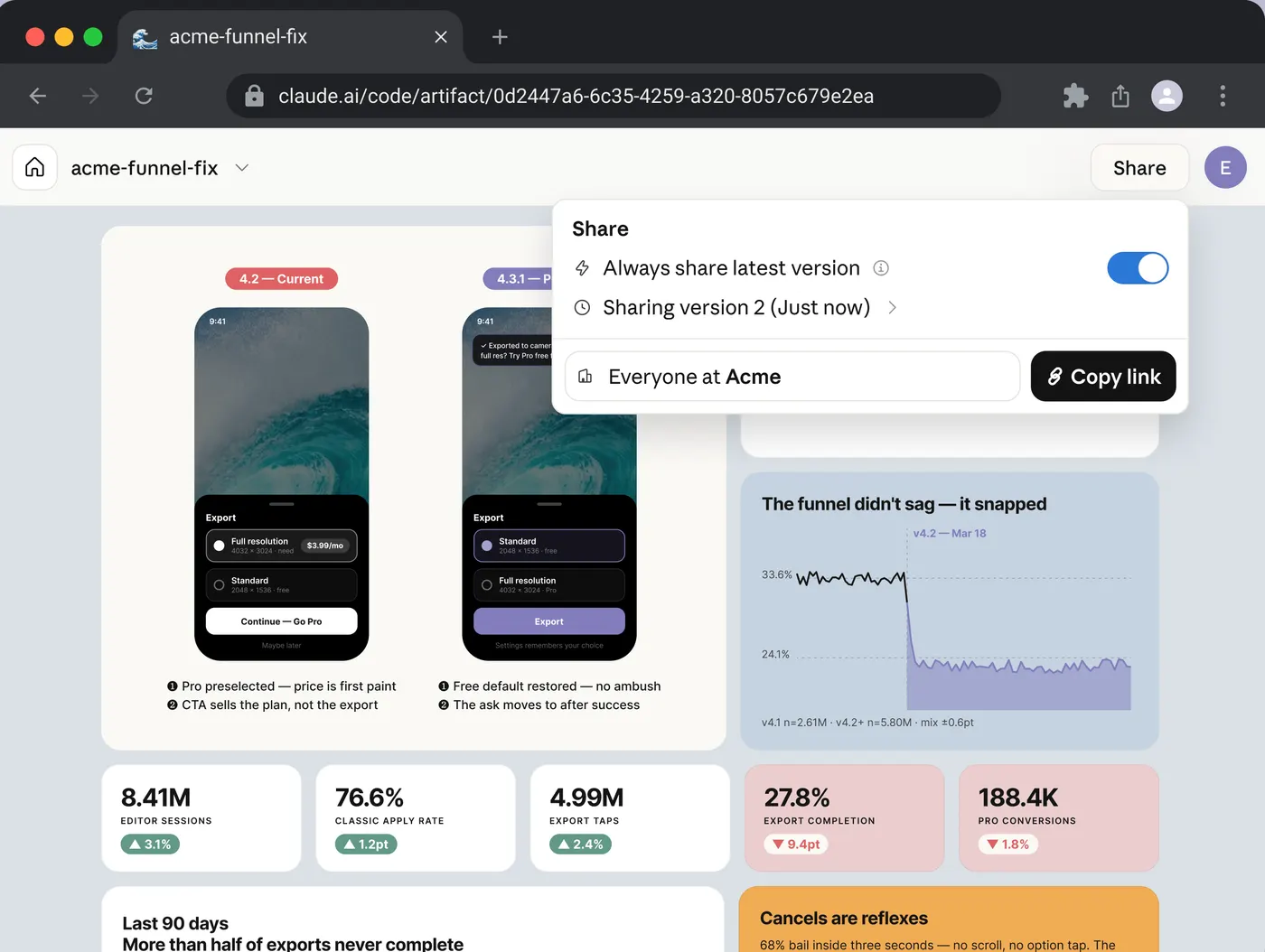 Một artifact của Claude Code mở trên trình duyệt tại địa chỉ claude.ai/code/artifact, menu Chia sẻ đang mở với tuỳ chọn luôn chia sẻ bản mới nhất, chọn phiên bản và nút sao chép link