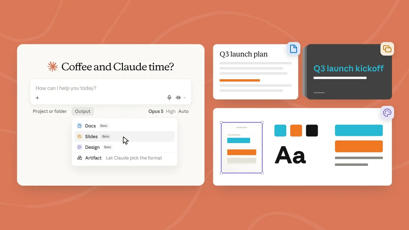 Ô chat của Claude với menu Output đang mở gồm Docs, Slides, Design và Artifact, con trỏ đang chọn Slides; bên phải là thẻ minh hoạ một tài liệu, một bộ slide Q3 launch kickoff và một bản thiết kế