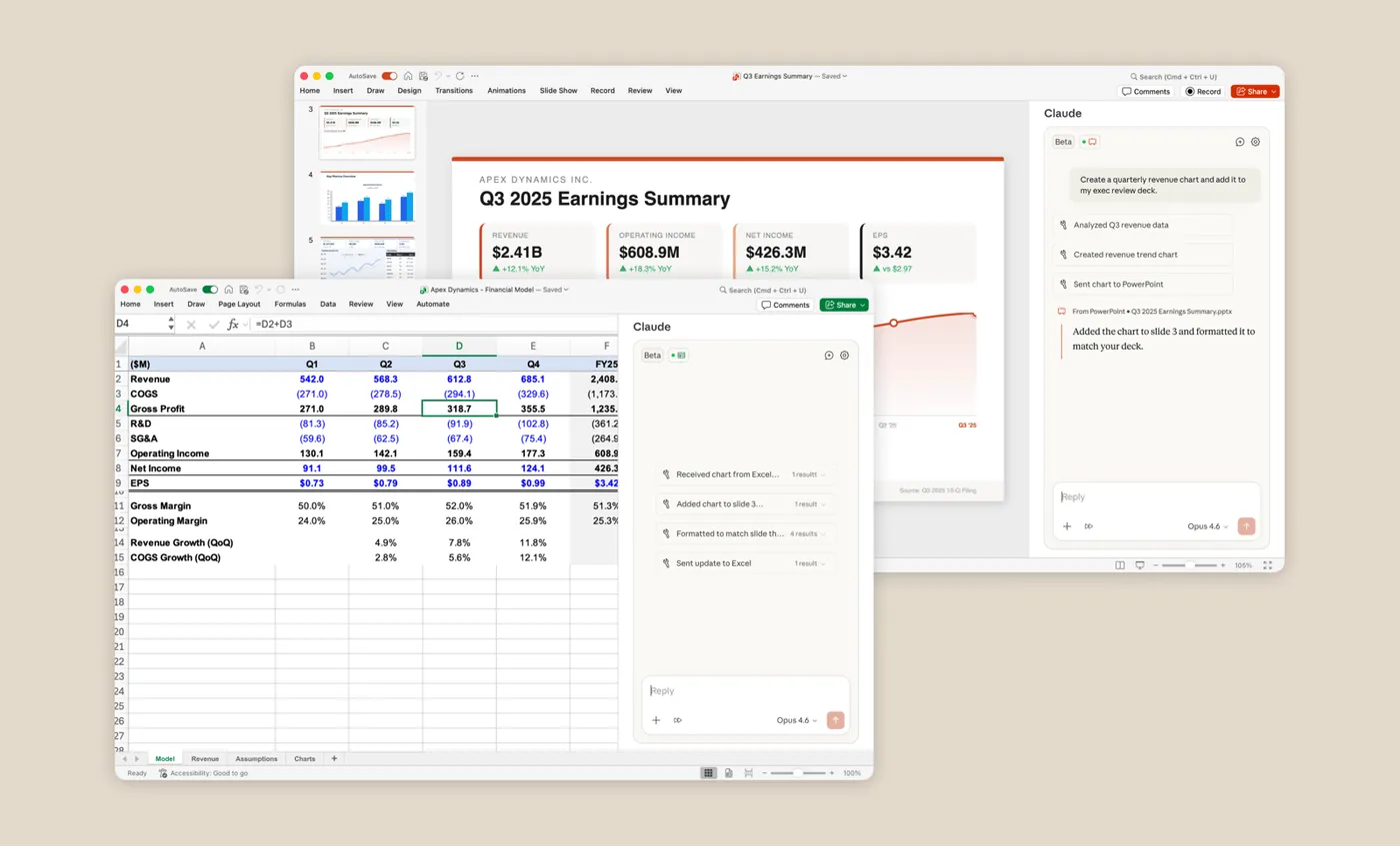 Claude for Excel và Claude for PowerPoint chạy cạnh nhau: bảng mô hình tài chính trong Excel và slide Q3 2025 Earnings Summary trong PowerPoint, khung Claude ghi đã phân tích doanh thu, tạo biểu đồ và gửi sang slide 3