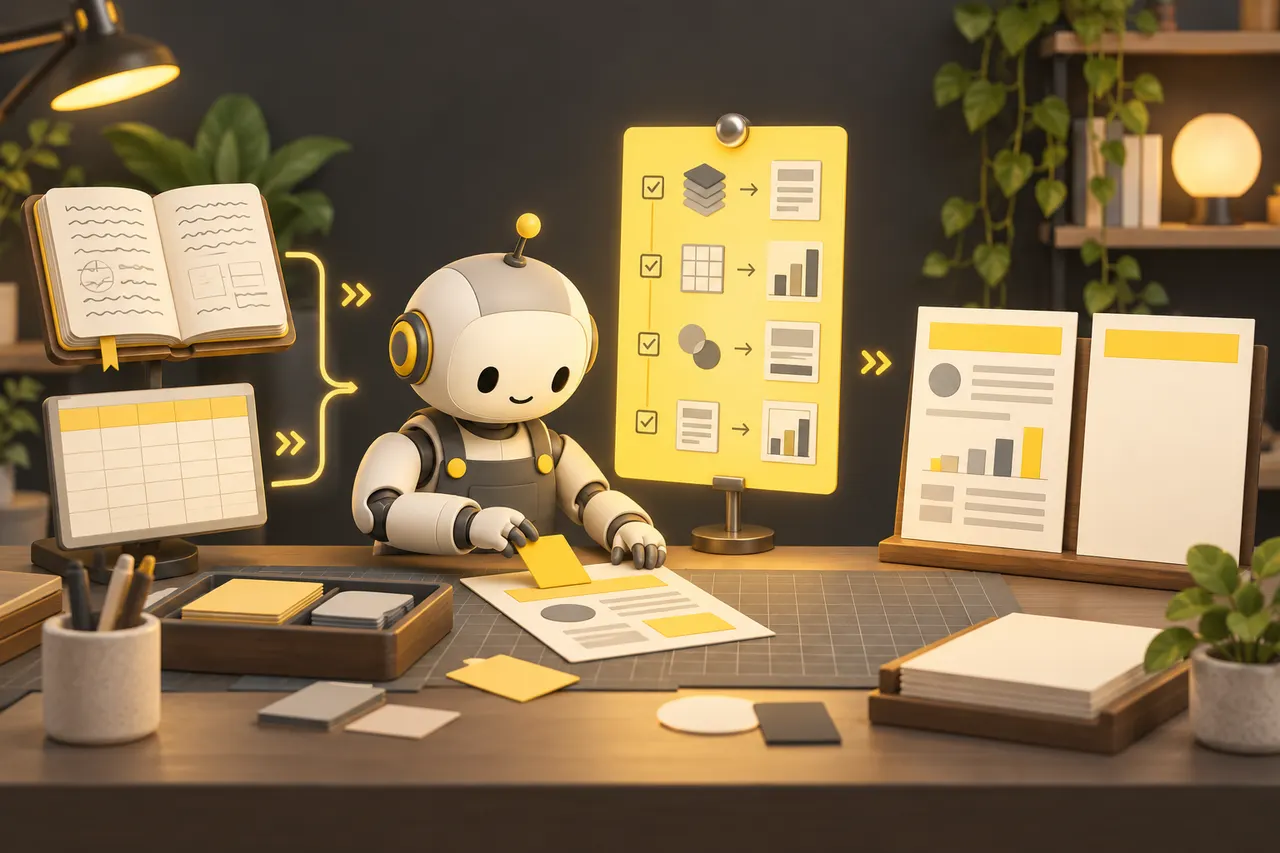 Ảnh minh hoạ: robot trợ lý làm theo tấm thẻ công thức màu vàng, biến sổ ghi chú và bảng tính thành trang báo cáo có biểu đồ, đặt cạnh trang mẫu trống