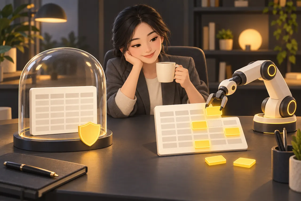 Ảnh minh hoạ: file gốc được giữ trong lồng kính có khiên vàng, bên cạnh là bản sao đang được cánh tay robot sắp xếp lại các ô, nhân viên văn phòng ngồi uống cà phê theo dõi