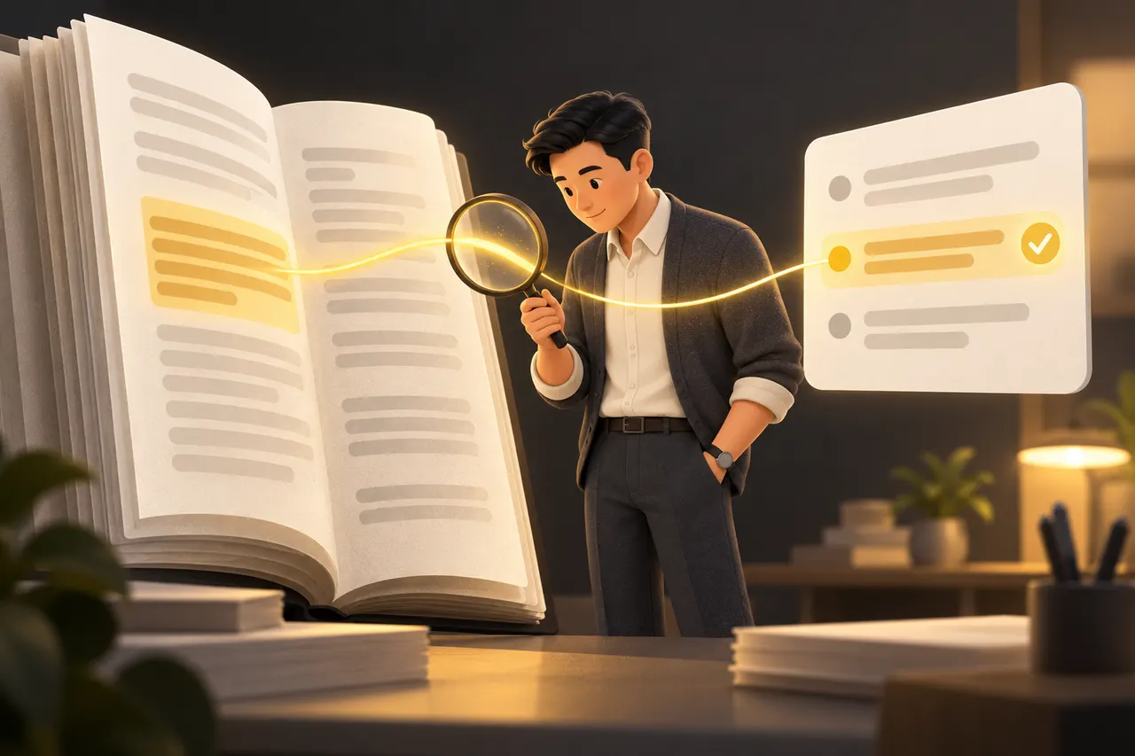 Ảnh minh hoạ: một nhân viên văn phòng cầm kính lúp, một sợi chỉ vàng nối đoạn văn được tô sáng trong tài liệu dày với gạch đầu dòng tương ứng trong bản tóm tắt