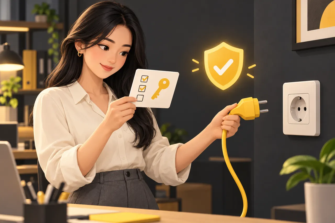 Ảnh minh hoạ: nhân viên văn phòng cầm phích cắm màu vàng, dừng lại đọc thẻ cấp quyền có dấu tích và chìa khoá trước khi cắm vào ổ