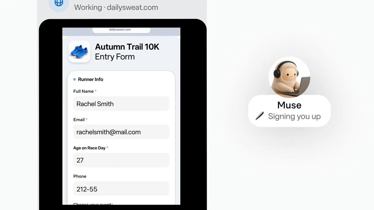 Khung hình video của Meta: Muse đang điền form đăng ký giải chạy Autumn Trail 10K trong trình duyệt riêng, trạng thái Signing you up, bên dưới có nút Take control of the browser và Stop the task