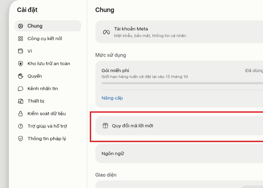 Cửa sổ Cài đặt của Muse bằng tiếng Việt, mục Chung: Tài khoản Meta, Mức sử dụng gói miễn phí, dòng Quy đổi mã lời mời được khoanh đỏ