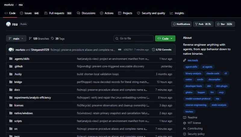 Trang GitHub của REA (morluto/rea) ngày 19/10/2026: hơn 322.000 sao và 81.700 fork