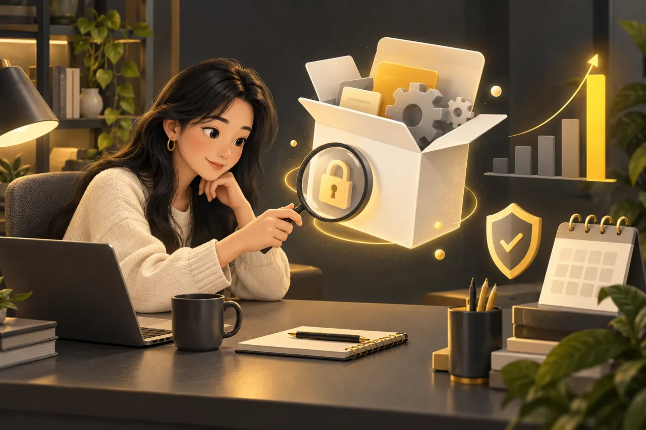Ảnh minh hoạ: người dùng soi kỹ một gói phần mềm mã nguồn mở bằng kính lúp trước khi cài, bên cạnh biểu đồ sao tăng đột biến