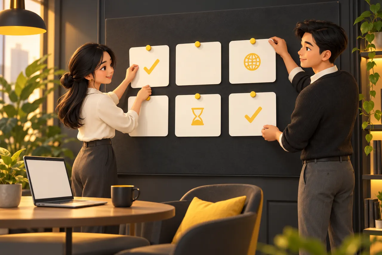 Ảnh minh hoạ: hai đồng nghiệp xếp 6 thẻ tin AI tuần 42/2026 lên bảng, đánh dấu tin đã dùng được và tin còn chờ